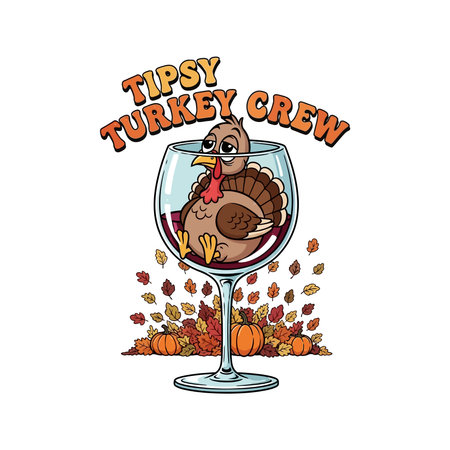 Happy Thanksgiving day greeting card with turkey in wine glass. Vector illustration.のイラスト素材