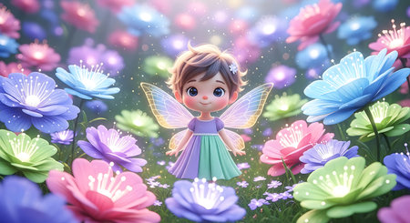 3d rendering of a cute little fairy in a flower meadowの素材