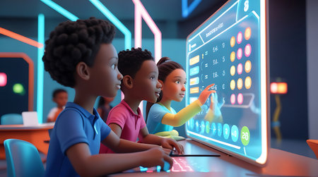 3d rendering of children playing computer game at school. Education concept.の素材