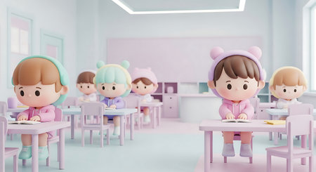 3d render of cute little girl in the classroom. Education concept.の素材
