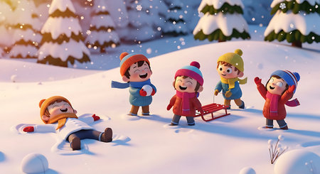3d render of happy kids having fun in the winter forest.の素材