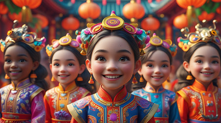 Group of little girls in traditional costume during Chinese New Year celebration.の素材