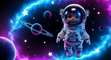 Astronaut in outer space with planets and stars in the backgroundの素材