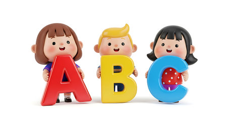 3d rendering of a group of kids with ABC letters on a white backgroundの素材