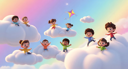 3d render of kids flying in the sky with clouds and kiteの素材