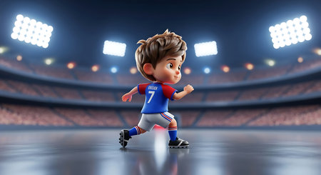 3d rendering of a boy on roller skates in a stadiumの素材