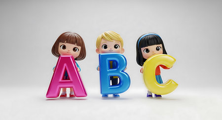 3d rendering of a group of children holding ABC letters on white backgroundの素材