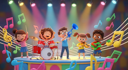Group of kids playing musical instruments on stage. Music festival concept.の素材
