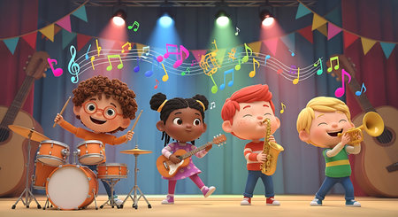 Children playing musical instruments in the room with stage lights and notes illustrationの素材