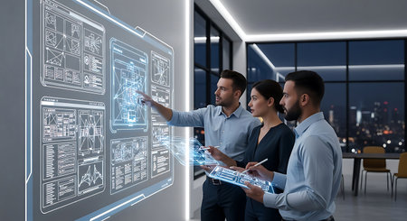 Business people using hologram interface in modern office. 3D renderingの素材