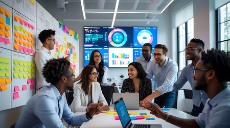 Business people working together in modern office. Multiethnic corporate business team.の素材