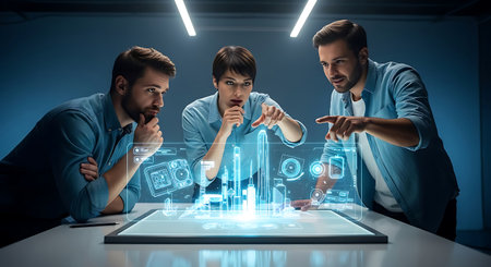 Three young men in casual using tablet pc with hologram interface. Mixed mediaの素材