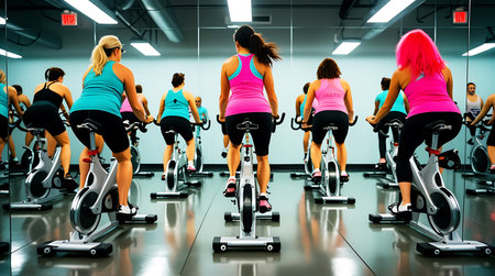 fitness, sport, training, lifestyle and people concept - group of women exercising on exercise bike in gymの素材
