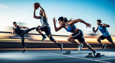Group of sporty people playing basketball on the stadium. Sport conceptの素材