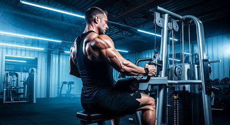 Handsome strong athletic man muscular bodybuilder handsome men doing exercises in gymの素材