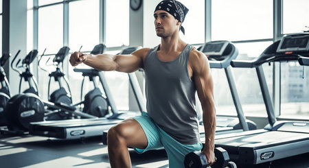 Handsome young man working out with dumbbells in gymの素材
