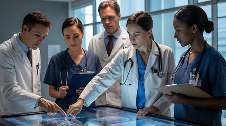 Doctors and nurses working together in hospital office. Medical staff and doctor working together in hospital office. Medical technology and health care concept.の素材