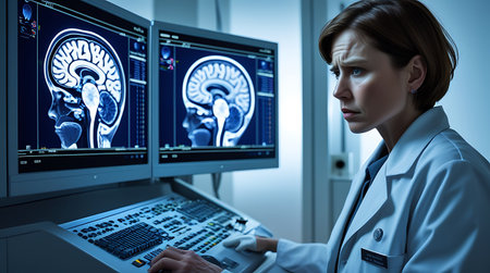 Female doctor looking at x-ray image of human body in hospitalの素材