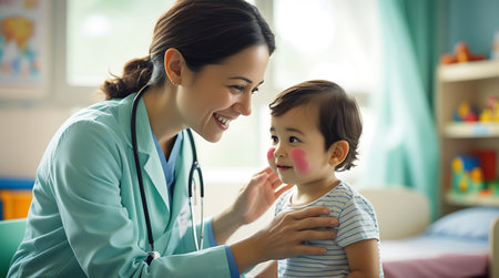 smiling pediatrician with stethoscope examining little girl in hospitalの素材