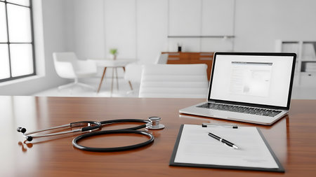 3d rendering stethoscope and laptop on wooden table in modern officeの素材