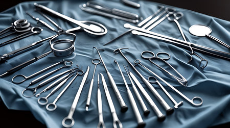 surgical instruments and tools in operating room take with art lighting and blue filterの素材