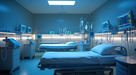 3d rendering of a hospital room with patient bed and medical equipmentの素材