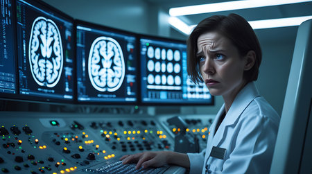 Serious female doctor working on computer in control room. Mixed mediaの素材