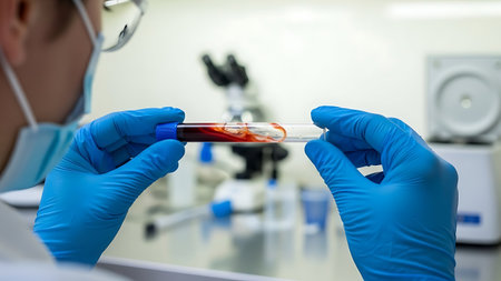 Scientist holding test tube with blood sample in laboratory. Medical backgroundの素材
