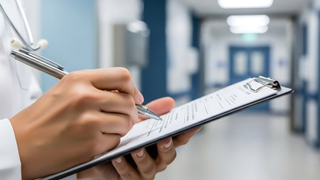 Close-up of a female doctor writing on a clipboard in the hospitalの素材
