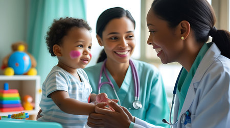 african american pediatrician with stethoscope and little girlの素材