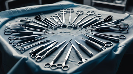 Surgical instruments and tools in operating room. Preparation for operation. Toned.の素材
