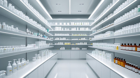 3d render of white shelves with bottles of cosmetic products in a pharmacyの素材