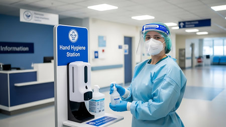 Covid-19 or Coronavirus (2019-nCoV) concept. Doctor with mask and hand sanitizer in hospital.の素材