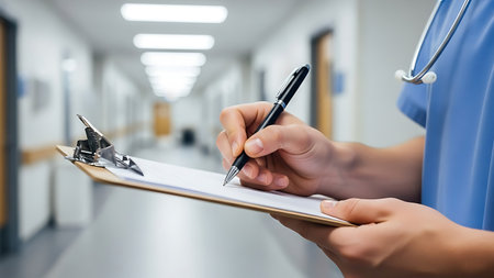 Doctor writing on clipboard in hospital. Medical healthcare and doctor staff service.の素材