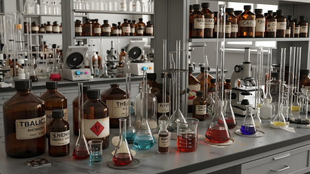 Laboratory glassware. Chemical laboratory. 3d render illustration.の素材