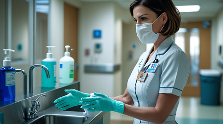 Female nurse washing hands with sanitizer gel in the hospital wardの素材