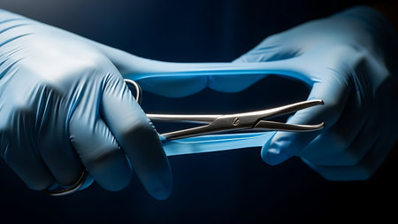 Man surgeon at work in operating theater toned in blue (selective focus)の素材