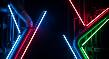 3d rendering of neon tubes in dark room. RGB color lightsの素材