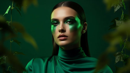 Fashion portrait of beautiful young woman with green make-up. Beauty, fashion.の素材