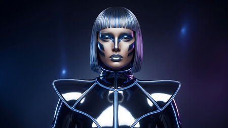 Cyborg woman in futuristic costume. Dark background. 3D rendering.の素材