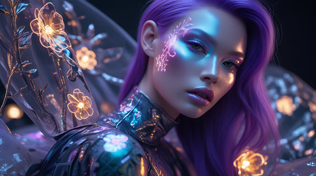 3d illustration of a beautiful girl with purple hair in a futuristic costumeの素材