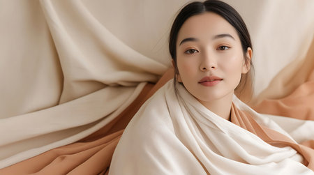 beautiful young asian woman wrapped in beige blanket at homeの素材