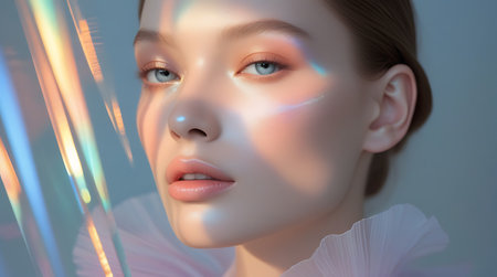 3d illustration of a beautiful girl with blue eyes and pink makeupの素材