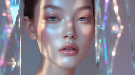 3d rendering of a beautiful female model with neon light on her faceの素材