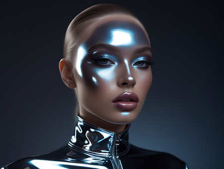 3d rendering of a female robot with silver skin and glossy lipsの素材