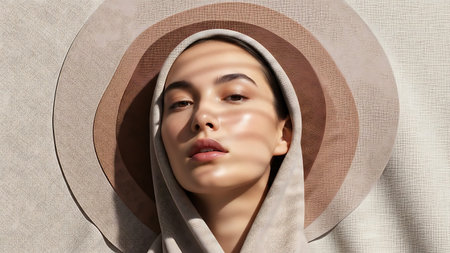 beautiful young woman in hat looking at camera, closeup portraitの素材