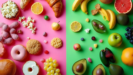 Flat lay composition with different tasty snacks on color background, top viewの素材