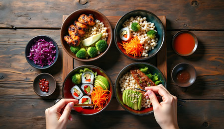 Buddha bowl with salmon, avocado, chickpea, cucumber, sesame seeds, lettuce, radish, tomatoes, soy sauce and chopsticks on dark wooden backgroundの素材