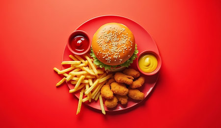 Hamburger, french fries and chicken nuggets on red backgroundの素材