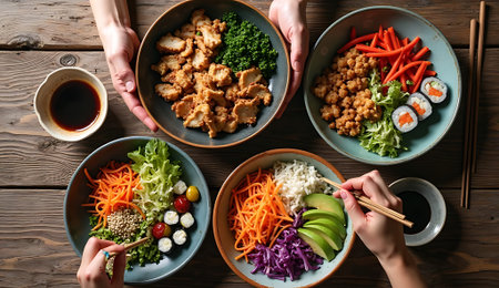 Female hands with tasty salad and chopsticks on wooden table, top viewの素材